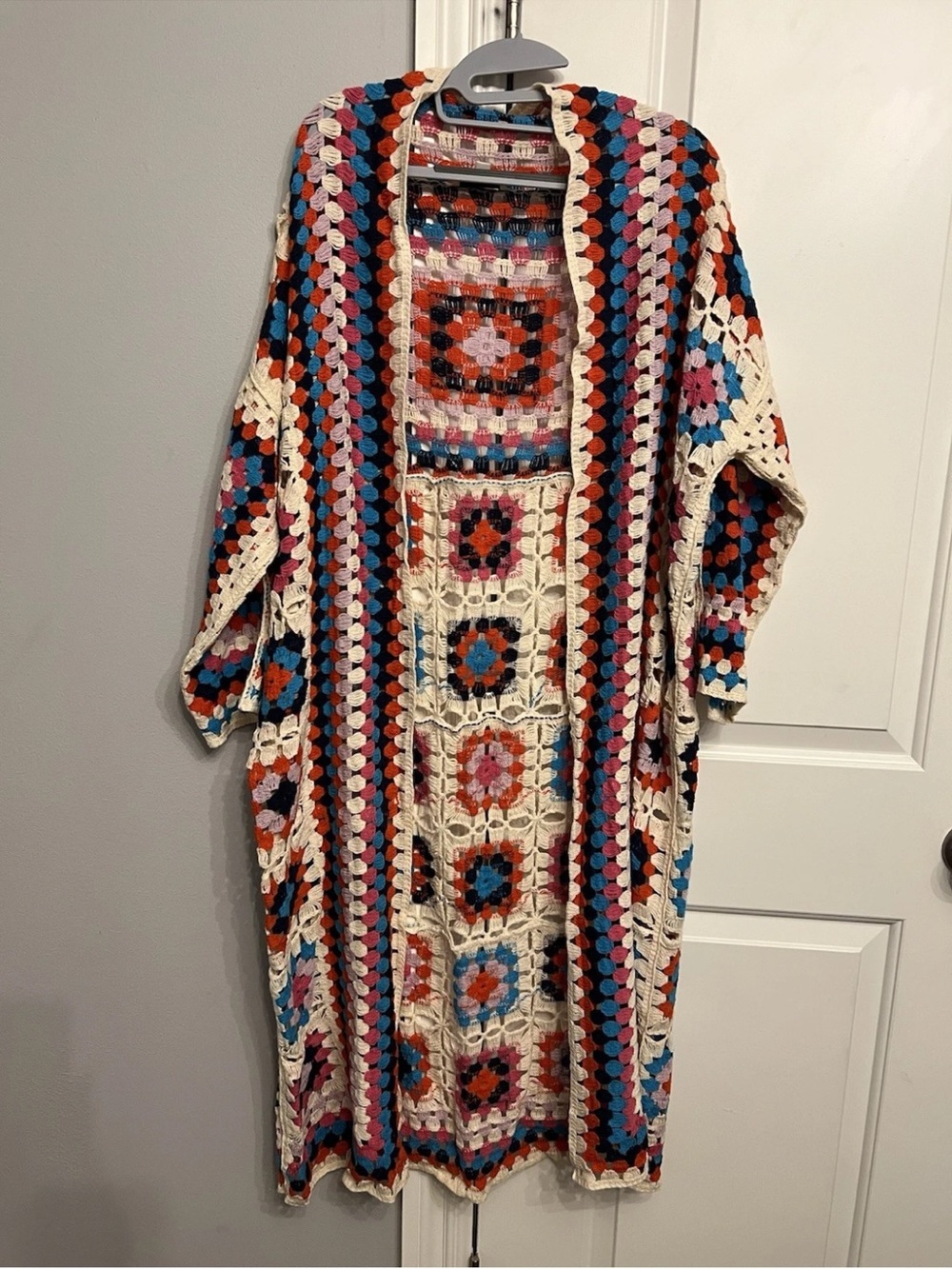 Davi & Dani Crochet Duster Cardigan in Cream with Multicolor Accents